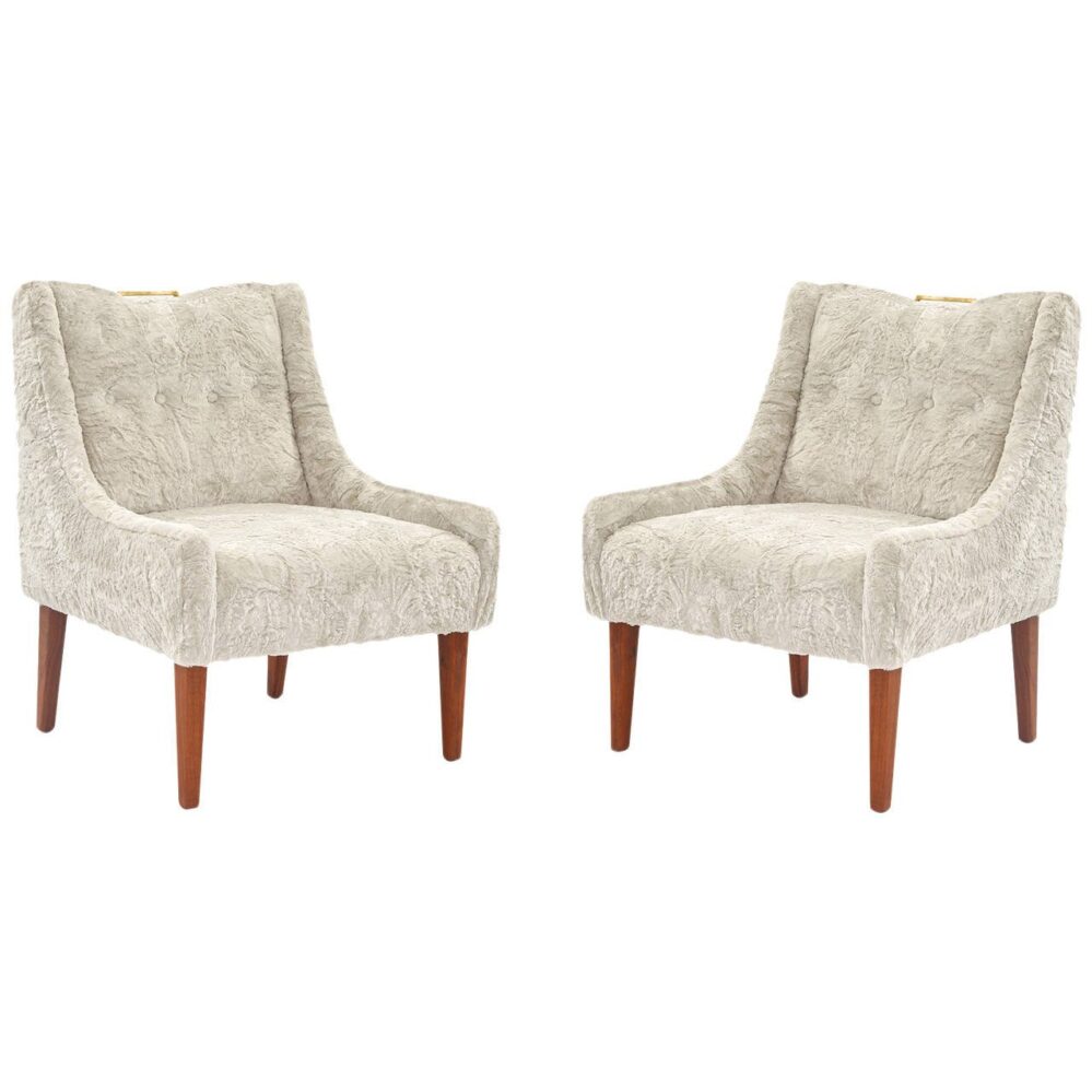 Pair of Faux Fur Brass and Mahogany Occasional Chairs