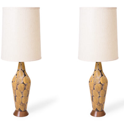 Stunning Pair of Italian Ceramic & Walnut Lamps